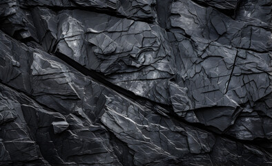 Black and white stone texture. Dark gray stone granite background for design. Rough cracked surface of a mountain. Close-up. Cracked. 