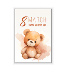 Happy Women's Day March 8 Vector illustration of a beautiful spring woman, teddy bear family congratulating mom on a holiday and floral frame.