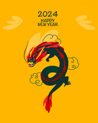 Happy Chinese New Year 2024. Vector illustration of a green wooden dragon in flat hand drawn style. Postcard or poster design template.