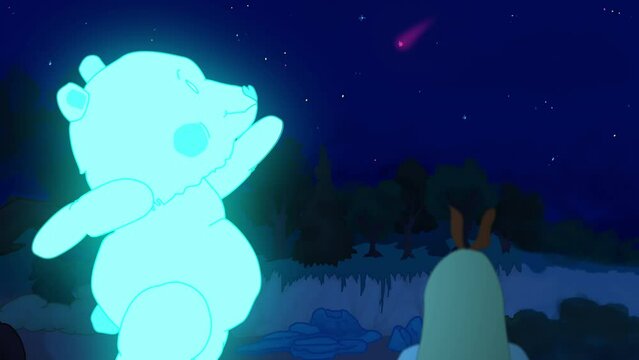 Fairy tale with blue glowing bear catching star and giving to girl. Magic forest and fantasy treasure from sky. Shooting star. Cartoony 2d animation. Animated cartoon. Film grain pixel. Dense woods.