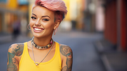 Beautiful young girl informal smiles in the background of the city street. Joyful woman with colored hair, piercing and tattoos portrait. 