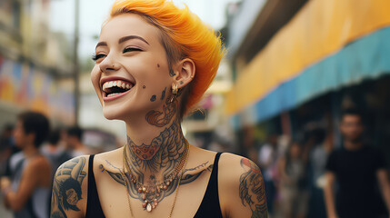 Beautiful young girl informal smiles in the background of the city street. Joyful woman with colored hair, piercing and tattoos portrait. 