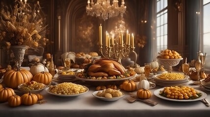 Thanksgiving Day feast, with turkey, pumpkin, macaroni and cheese, and candlelight