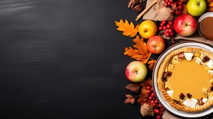 Top view of Thanksgiving dinner background with turkey and all sides dishes, pumpkin pie, fall leaves, and seasonal autumnal decor on dinner table with copy space. Generative AI