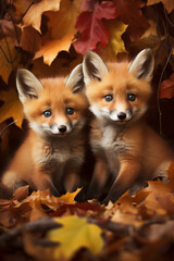 Fototapeta premium Cute baby foxes couple in fall leaves