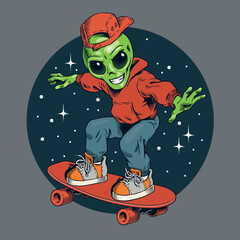 Alien teenager humanoid rides on skateboard through the space. Comic style vector illustration.