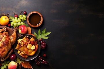 Obraz na płótnie Canvas Top view of Thanksgiving dinner background with turkey and all sides dishes, pumpkin pie, fall leaves, and seasonal autumnal decor on dinner table with copy space. Generative AI