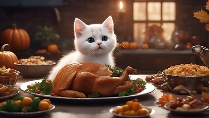 Cute white kitten enjoying a Thanksgiving day feast with turkey, stuffing, and pumpkins - obrazy, fototapety, plakaty