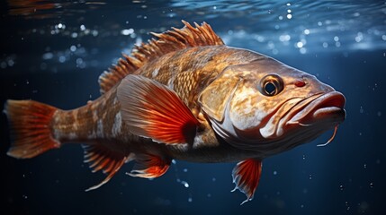 Cod fish underwater on background of the ocean close up. Cod sea fish. Horizontal banner poster. illustration AI generated