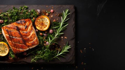 Grilled sea cod fish fillet from restaurant. Horizontal banner poster. Food texture photo AI...