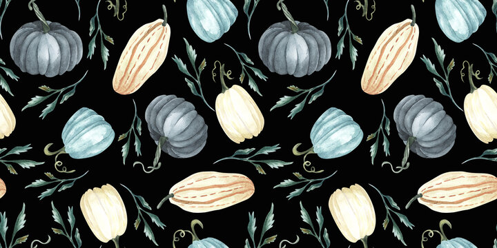 Watercolor pumpkins and leaves seamless pattern. Hand painted blue,and beige gourds isolated on black background. Autumn harvest festival. Botanical illustration for design, print, background