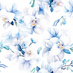 White orchid, Seamless watercolor floral patterns, with flowers and foliage. Japanese abstract style. Use for wallpapers, backgrounds, packaging design, or web design.