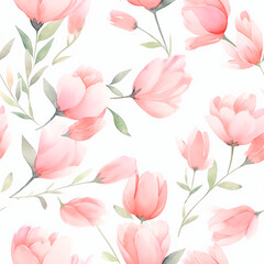 Tulip blossoms, Seamless watercolor floral patterns, with flowers and foliage. Japanese abstract style. Use for wallpapers, backgrounds, packaging design, or web design.