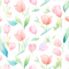 Tulip blossoms, Seamless watercolor floral patterns, with flowers and foliage. Japanese abstract style. Use for wallpapers, backgrounds, packaging design, or web design.