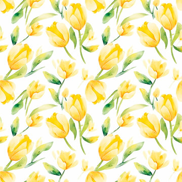 Yellow tulips, Seamless watercolor floral patterns, with flowers and foliage. Japanese abstract style. Use for wallpapers, backgrounds, packaging design, or web design.