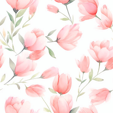 Tulip blossoms, Seamless watercolor floral patterns, with flowers and foliage. Japanese abstract style. Use for wallpapers, backgrounds, packaging design, or web design.