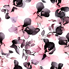 Black orchids, Seamless watercolor floral patterns, with flowers and foliage. Japanese abstract style. Use for wallpapers, backgrounds, packaging design, or web design.