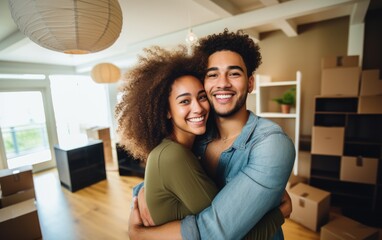 Young man and woman apartment buyers celebrating relocation, removal, mortgage, new house purchase concept. Generative AI