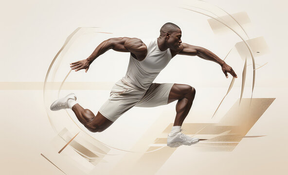 Man athlete jumping and reaching in mid air on geometric abstract 3d background, light white beige colors. 