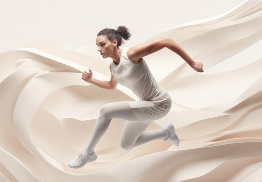 Woman athlete jumping and reaching in mid air on geometric abstract 3d background, light white beige colors. 