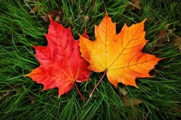 Naklejka na ściany i meble Fallen autumn leaves. Red yellow leaves on green grass.