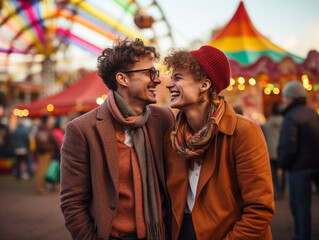 Fototapeta premium A Photo of a Couple Enjoying an Autumn Carnival Together