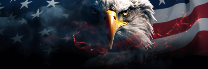 Patriotic banner with bald eagle in front of the American flag - 647830678