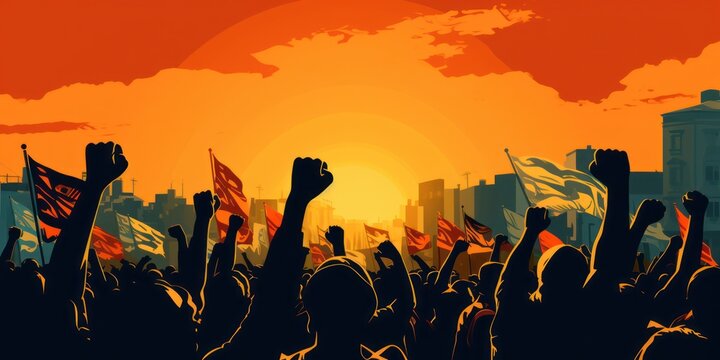 Illustration of a protest, crowd of people with fists raised, in tones of dark red and orange.