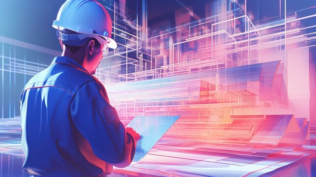Future of the engineering and construction industry concept. An architect looking at the 3d holographic blueprint in tones of pink, orange and indigo.