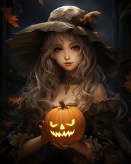 Halloween beautiful witch holding a pumpkin