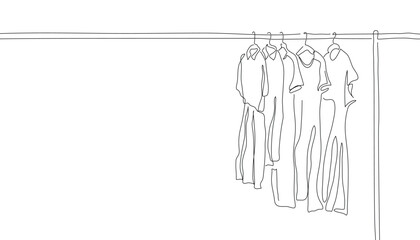 Clothes on a hanger in the store - one continuous line drawing. Clean clothes on a hanger - concept for laundry