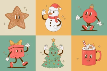 Fotobehang Robot Set of retro cartoon Christmas funny characters. Gingerbread, coffee cup, ball, giftbox, snowman, Christmas tree mascot. Vintage vector illustration. Nostalgia 60s, 70s, 80s
