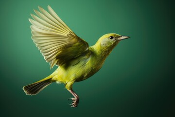 Green bird flying on solid green background - obrazy, fototapety, plakaty