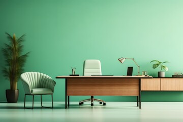 Green office room with a pastel background.