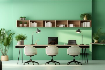 Green office room with a pastel background.