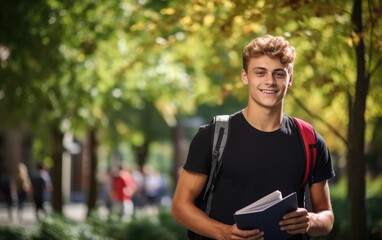 Fototapeta premium Handsome smiling boy university student holding notebooks looking at camera posing for outdoor portrait. Generative AI