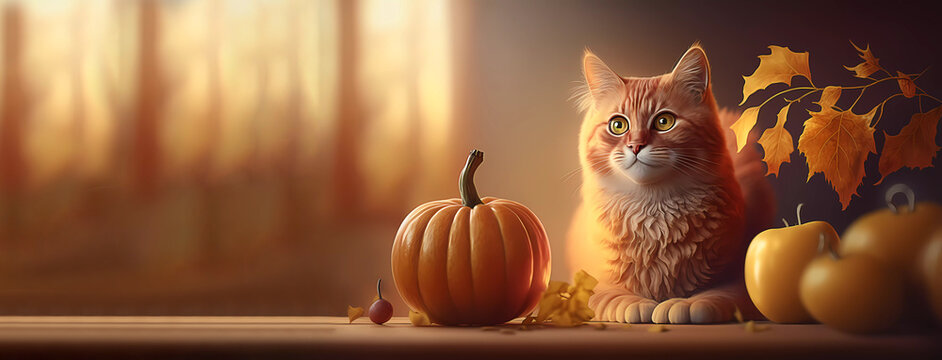Thanksgiving Day. A ginger cat lies near a pumpkin with leaves on a wooden table. Garlands. Banner. Generated AI. Edited in Photoshop