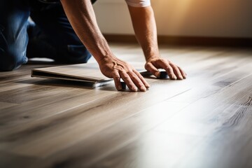 Hardwood Floor Renovation. Construction Worker Doing New floor - obrazy, fototapety, plakaty