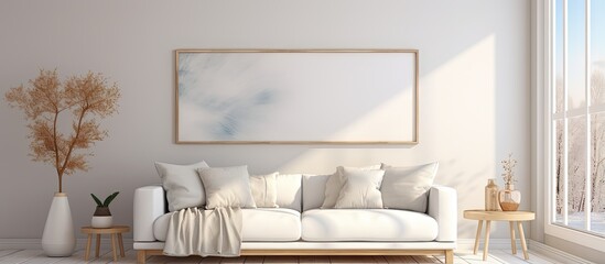 illustration of Scandinavian interior design in a white living room with a sofa