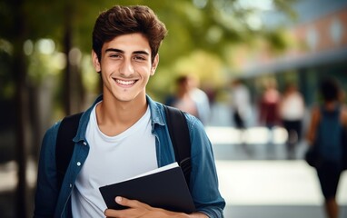Handsome smiling boy university student holding notebooks looking at camera posing for outdoor portrait. Generative AI