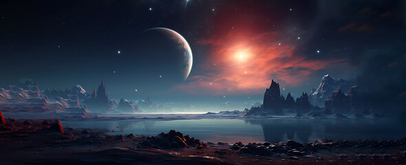 Naklejka premium Beautiful sky. beautiful landscape of mountains and lake on the surface. Surface of the planet. Banner. Wallpaper. Generated AI. Edited in Photoshop
