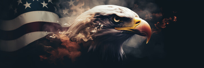 Patriotic banner with bald eagle in front of the American flag - 647832859
