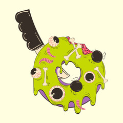Halloween donut in retro cartoon style. Vector illustration of a donut with eyes and maggots.