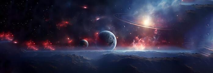 Beautiful landscape of the sky and planets. Banner. Wallpaper. Generated AI. Edited in Photoshop - obrazy, fototapety, plakaty