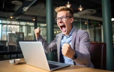 Obraz premium Winner businessman with online sale, email announcement of promotion or bonus success. Excited corporate person with fist pump for office celebration, salary increase or target. Generative AI