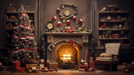 Home comfort. Fireplace, Christmas tree with gifts. Christmas. Banner. Wallpaper. Generated AI. Edited in Photoshop