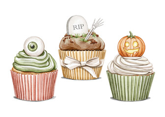 Set with vintage variety halloween funny cute scary sweet cupcakes with cream isolated on white background. Watercolor hand drawn illustration sketch