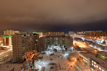 Beautiful night winter landscape in Zelenograd sleeping area of Moscow, Russia