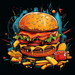 burger and fries illutration