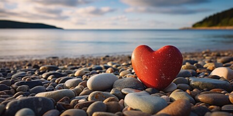 Fototapeta premium red stone in shape of heart on beach by sea, generative ai